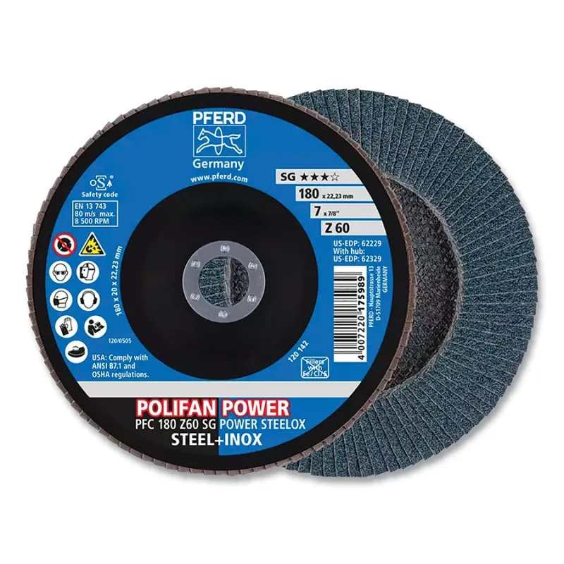 POLIFAN® Type 29 SG Flap Disc, 7 in dia, 60 Grit, 7/8 in Arbor dia, 8500 RPM, Zirconia Alumina Z