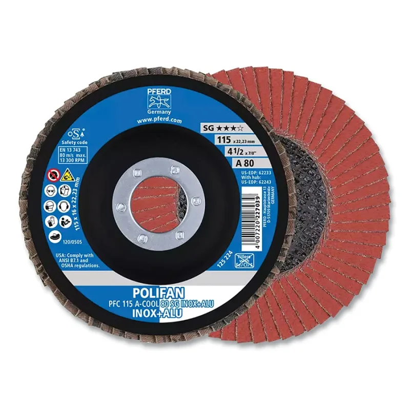 POLIFAN® Type 29 SG Flap Disc, 4-1/2 in dia, 80 Grit, 7/8 in Arbor dia, 13300 RPM, Aluminum Oxide A-Cool