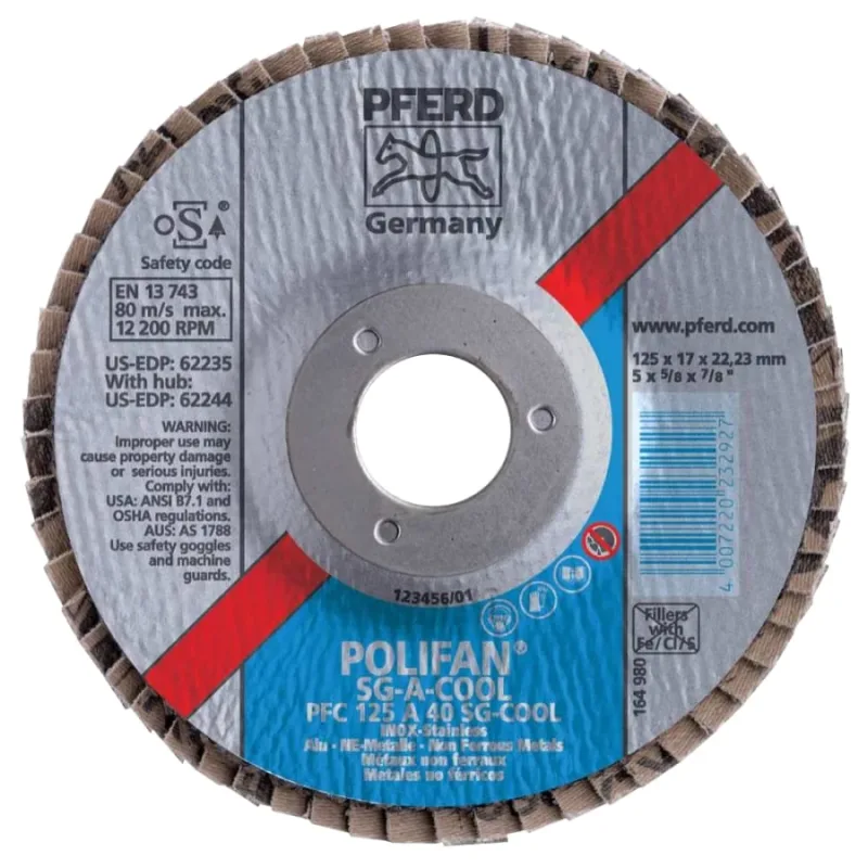 POLIFAN® Type 29 SG Flap Disc, 5 in dia, 40 Grit, 7/8 in Arbor dia, 12200 RPM, Aluminum Oxide A-Cool