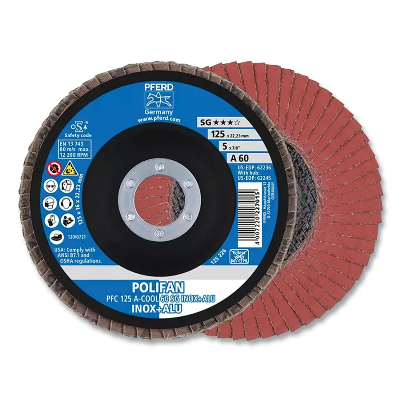 POLIFAN® Type 29 SG Flap Disc, 5 in dia, 60 Grit, 7/8 in Arbor dia, 12200 RPM, Aluminum Oxide A-Cool