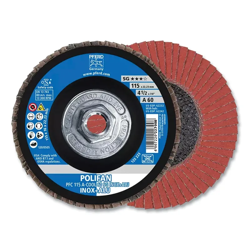 POLIFAN® Type 29 SG Flap Disc, 4-1/2 in dia, 60 Grit, 5/8 in-11 Threaded Arbor dia, 13300 RPM, Aluminum Oxide A-Cool