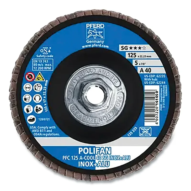 POLIFAN® Type 29 SG Flap Disc, 5 in dia, 40 Grit, 5/8 in-11 Threaded Arbor dia, 12200 RPM, Aluminum Oxide A-Cool