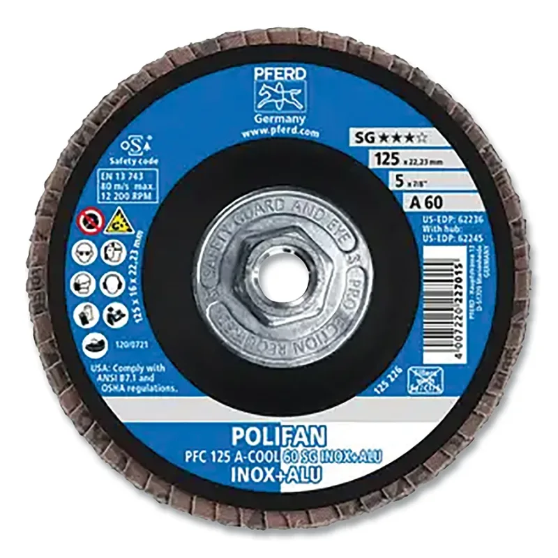 POLIFAN® Type 29 SG Flap Disc, 5 in dia, 60 Grit, 5/8 in-11 Threaded Arbor dia, 12200 RPM, Aluminum Oxide A-Cool