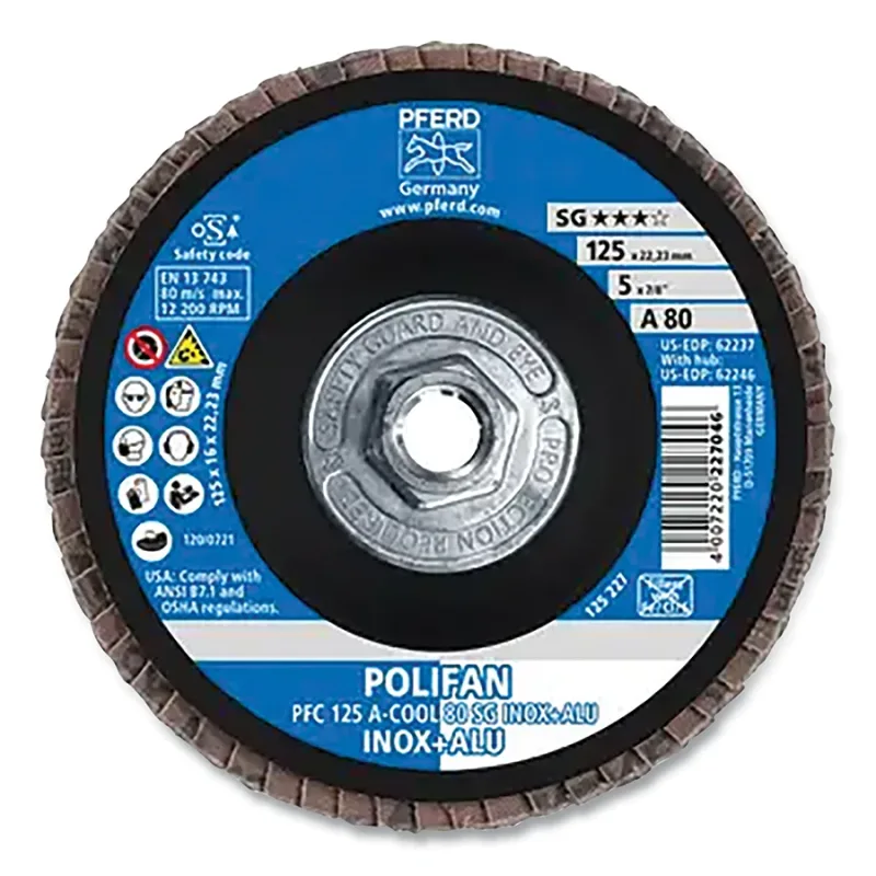 POLIFAN® Type 29 SG Flap Disc, 5 in dia, 80 Grit, 5/8 in-11 Threaded Arbor dia, 12200 RPM, Aluminum Oxide A-Cool
