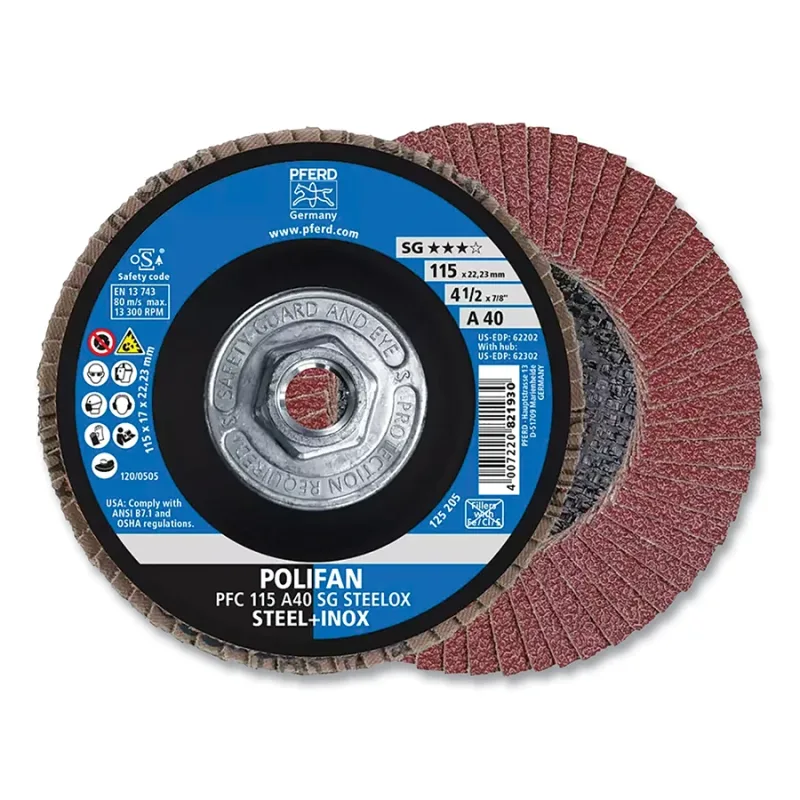 POLIFAN® Type 29 SG Flap Disc, 4-1/2 in dia, 40 Grit, 5/8 in-11 Threaded Arbor dia, 13300 RPM, Aluminum Oxide A