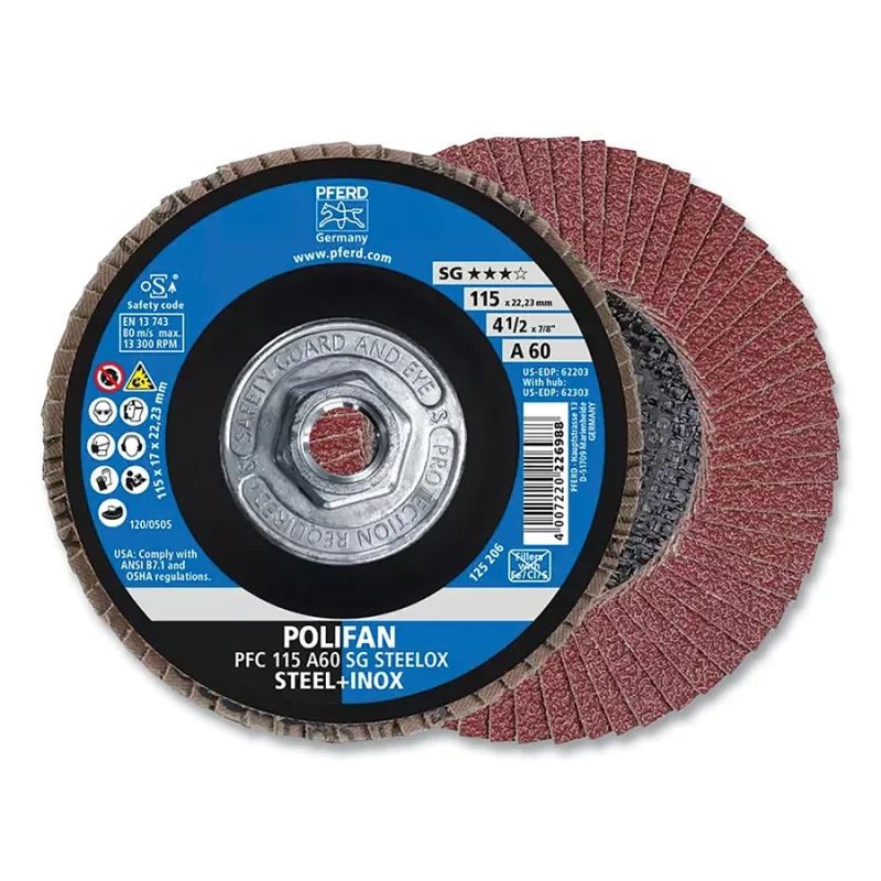 POLIFAN® Type 29 SG Flap Disc, 4-1/2 in dia, 60 Grit, 5/8 in-11 Threaded Arbor dia, 13300 RPM, Aluminum Oxide A