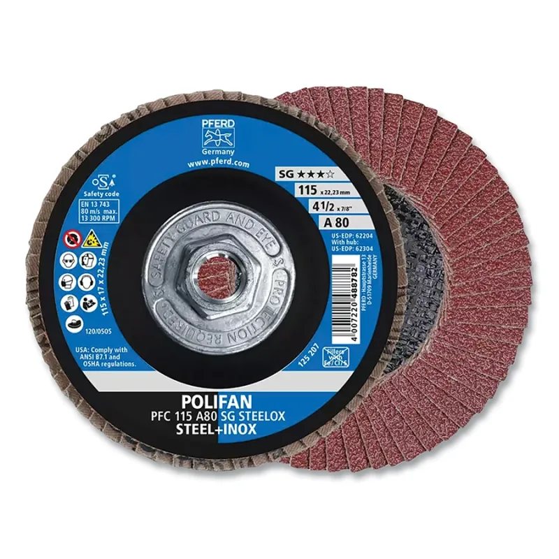 POLIFAN® Type 29 SG Flap Disc, 4-1/2 in dia, 80 Grit, 5/8 in-11 Threaded Arbor dia, 13300 RPM, Aluminum Oxide A