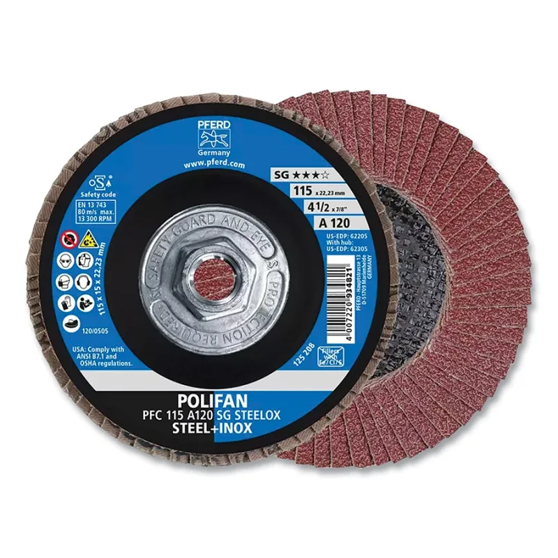 POLIFAN® Type 29 SG Flap Disc, 4-1/2 in dia, 120 Grit, 5/8 in-11 Threaded Arbor dia, 13300 RPM, Aluminum Oxide A