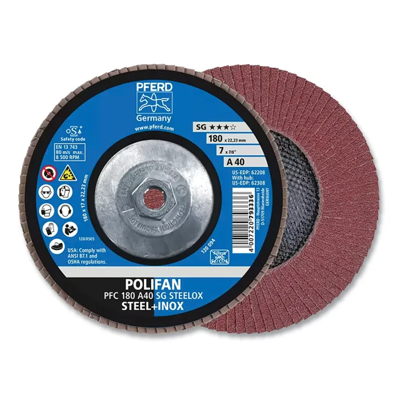 POLIFAN® Type 29 SG Flap Disc, 7 in dia, 40 Grit, 5/8 in-11 Threaded Arbor dia, 8500 RPM, Aluminum Oxide A