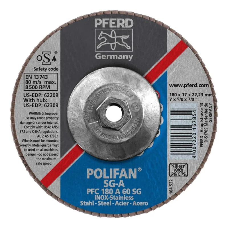 POLIFAN® Type 29 SG Flap Disc, 7 in dia, 60 Grit, 5/8 in-11 Threaded Arbor dia, 8500 RPM, Aluminum Oxide A
