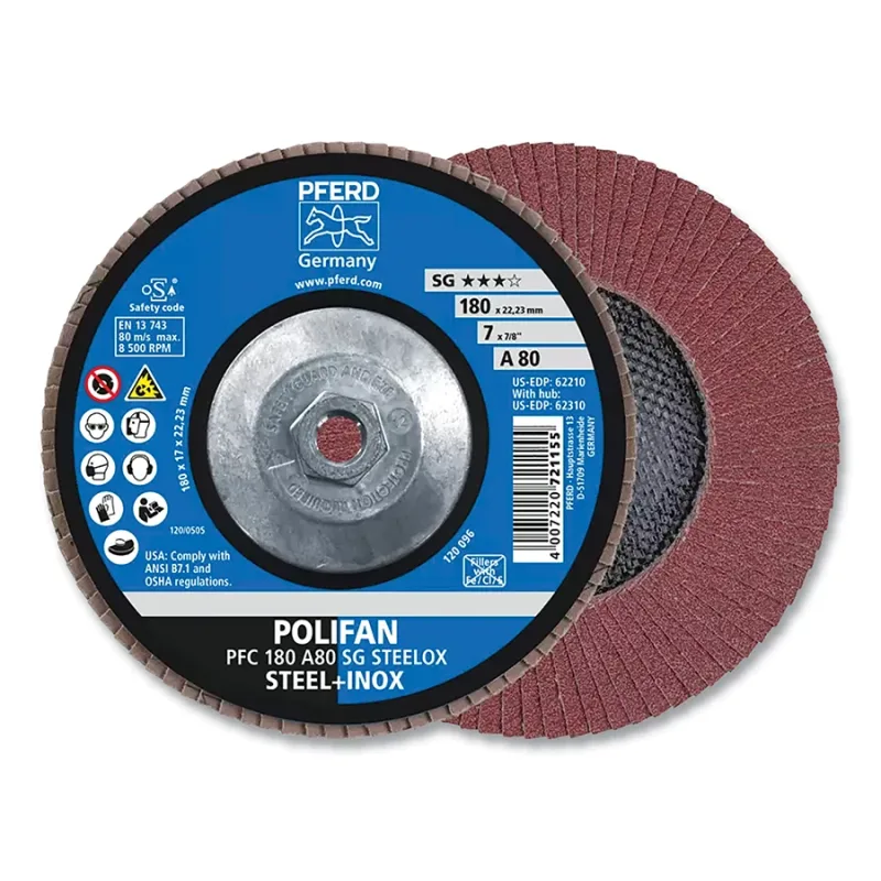 POLIFAN® Type 29 SG Flap Disc, 7 in dia, 80 Grit, 5/8 in-11 Threaded Arbor dia, 8500 RPM, Aluminum Oxide A