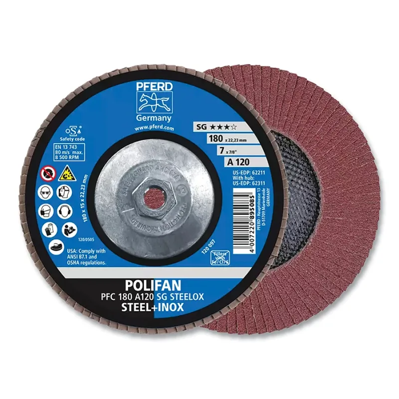 POLIFAN® Type 29 SG Flap Disc, 7 in dia, 120 Grit, 5/8 in-11 Threaded Arbor dia, 8500 RPM, Aluminum Oxide A