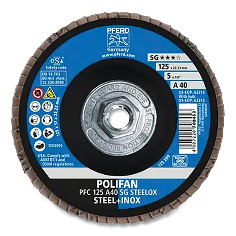 POLIFAN® Type 29 SG Flap Disc, 5 in dia, 40 Grit, 5/8 in-11 Threaded Arbor dia, 12200 RPM, Aluminum Oxide A