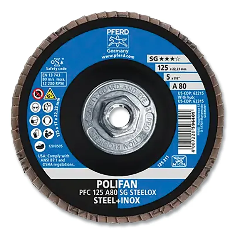 POLIFAN® Type 29 SG Flap Disc, 5 in dia, 80 Grit, 5/8 in-11 Threaded Arbor dia, 12200 RPM, Aluminum Oxide A