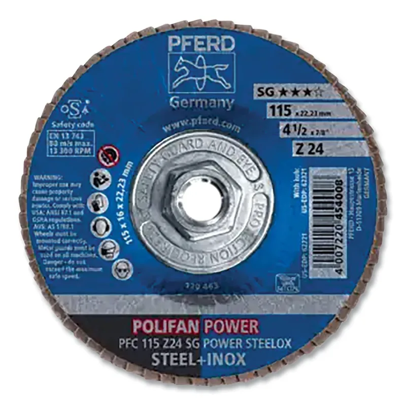 POLIFAN® Type 29 SG Flap Disc, 4-1/2 in dia, 24 Grit, 5/8 in-11 Threaded Arbor dia, 13300 RPM, Zirconia Alumina Z