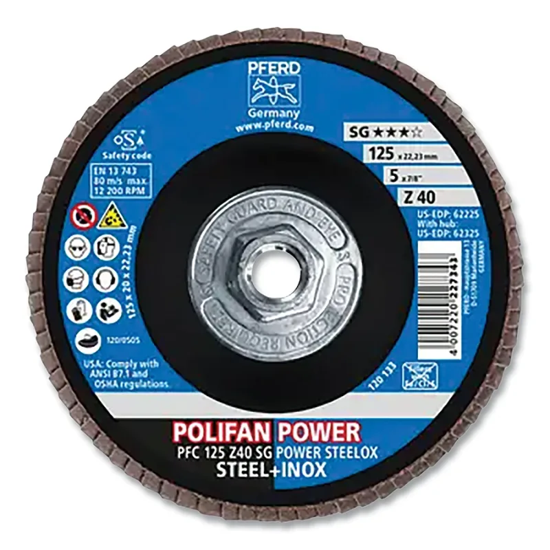 POLIFAN® Type 29 SG Flap Disc, 5 in dia, 40 Grit, 5/8 in-11 Threaded Arbor dia, 12200 RPM, Zirconia Alumina Z