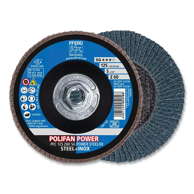POLIFAN® Type 29 SG Flap Disc, 5 in dia, 60 Grit, 5/8 in-11 Threaded Arbor dia, 12200 RPM, Zirconia Alumina Z