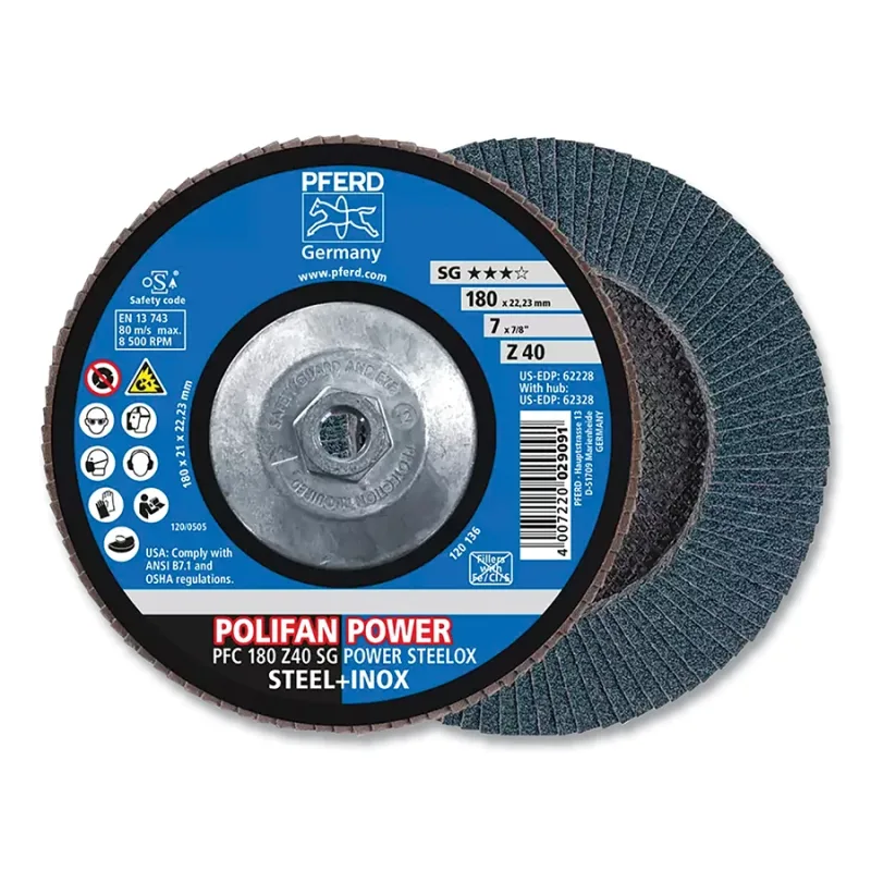 POLIFAN® Type 29 SG Flap Disc, 7 in dia, 40 Grit, 5/8 in-11 Threaded Arbor dia, 8500 RPM, Zirconia Alumina Z