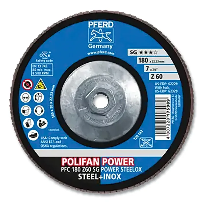 POLIFAN® Type 29 SG Flap Disc, 7 in dia, 60 Grit, 5/8 in-11 Threaded Arbor dia, 8500 RPM, Zirconia Alumina Z
