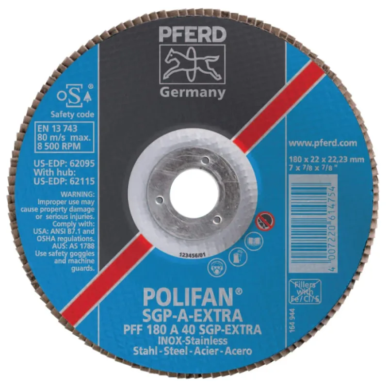 Type 27 POLIFAN SGP Flap Discs, 5", 40 Grit, 7/8 Arbor, 12,200 rpm, Ceram Oxide