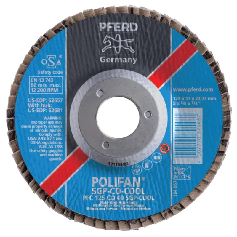Type 29 POLIFAN SGP Flap Discs, 5", 40 Grit, 7/8 Arbor, 12,200 rpm, Ceramic Ox