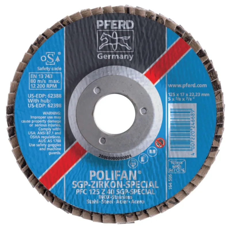 Type 29 POLIFAN® SGP Flap Disc, 7 in dia, 40 Grit, 7/8 in dia Arbor, 8,600 RPM, Ceramic Oxide