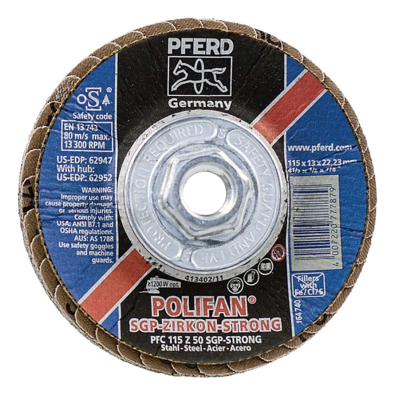 POLIFAN® Flap Disc, 4-1/2 in dia, 50 Grit, 5/8 in - 11 Thread, 13300 RPM, Type 29