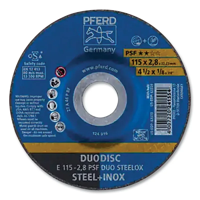 Universal Line PSF DUODISC® Combination Wheel, Type 27, 4-1/2 in dia, 1/8 in Thick, 7/8 in Arbor, Aluminum Oxide