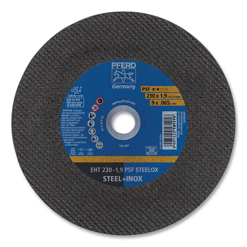 Universal Line PSF Cut-Off Wheel, 9 in dia, 0.065 in Thick, 7/8 in Arbor, Aluminum Oxide