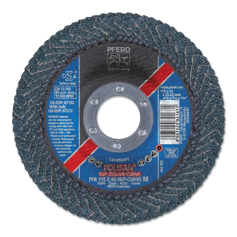 POLIFAN® Z SGP Curve Steelox Flap Disc, 4-1/2 in dia x 7/8 in Arbor, 40 Grit, Zirconia, 13300 RPM, Medium Radius
