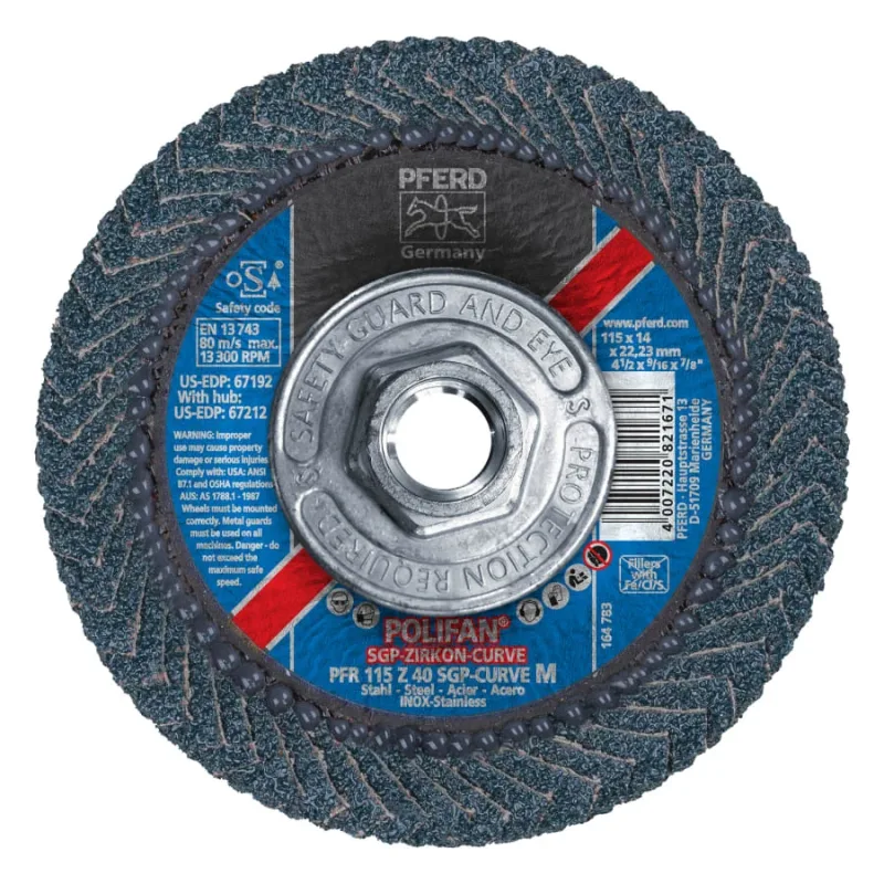 POLIFAN® SGP Zircon-Curve Radial Type PFR Flap Disc, 4-1/2 in x 9/16 in, 40 Grit, 5/8 in to 11 Arbor, 13,300 RPM
