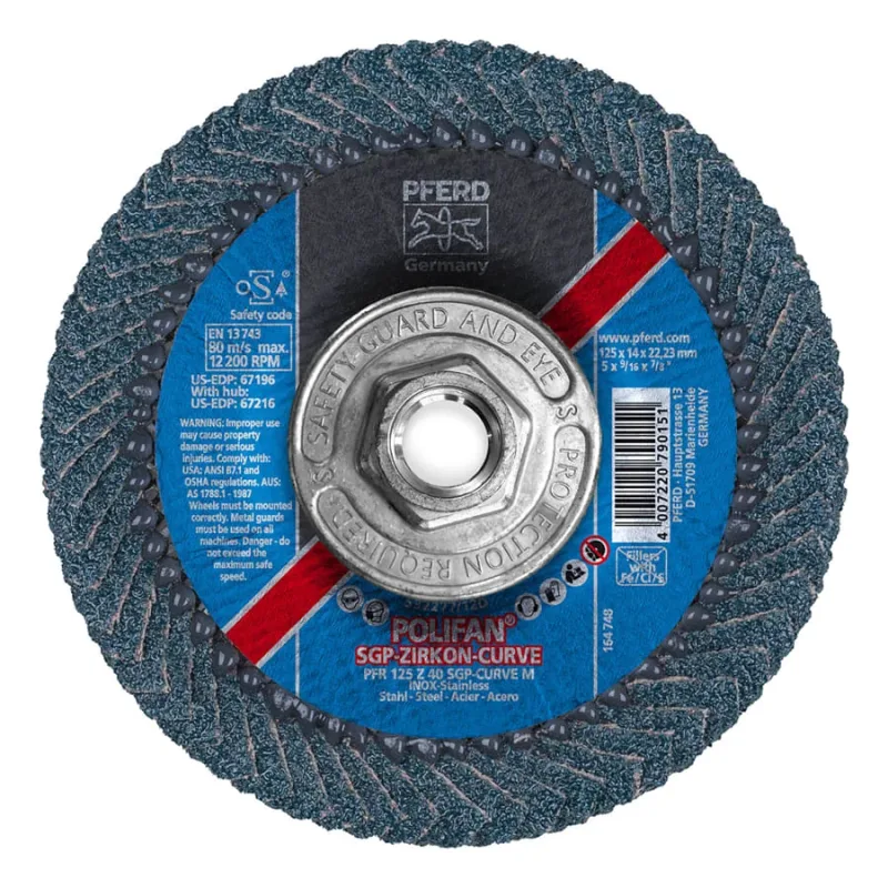 POLIFAN® Flap Disc, 5 in, 40 Grit, 5/8 Arbor, 12,200 RPM, Z-Curve, T29