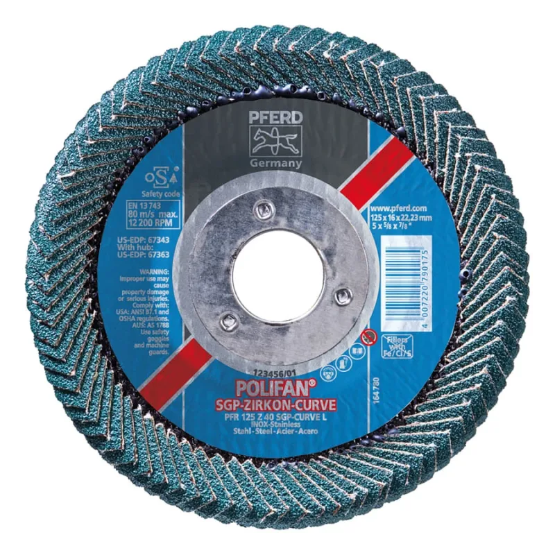 POLIFAN® Z SGP Curve Steelox Flap Disc, 5 in dia x 7/8 in Arbor, 40 Grit, Zirconia, 12200 RPM, Large Radius