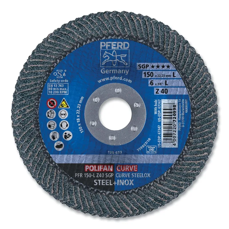 POLIFAN® Z SGP Curve Steelox Flap Disc, 6 in dia x 7/8 in Arbor, 40 Grit, Zirconia, 10200 RPM, Large Radius