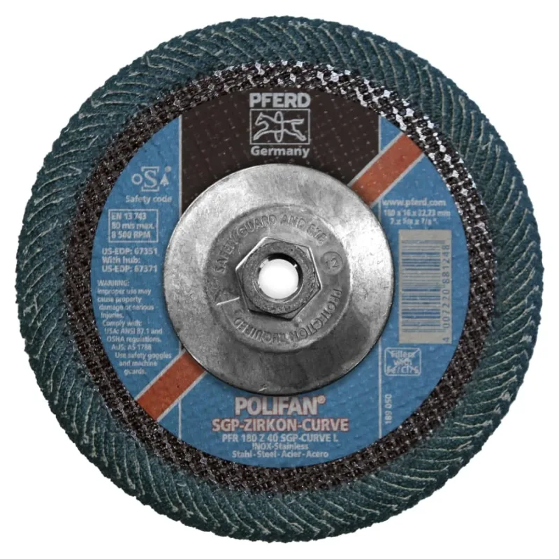 POLIFAN® Z SGP Curve Steelox Flap Disc, 7 in dia x 7/8 in Arbor, 40 Grit, Zirconia, 8500 RPM, Large Radius
