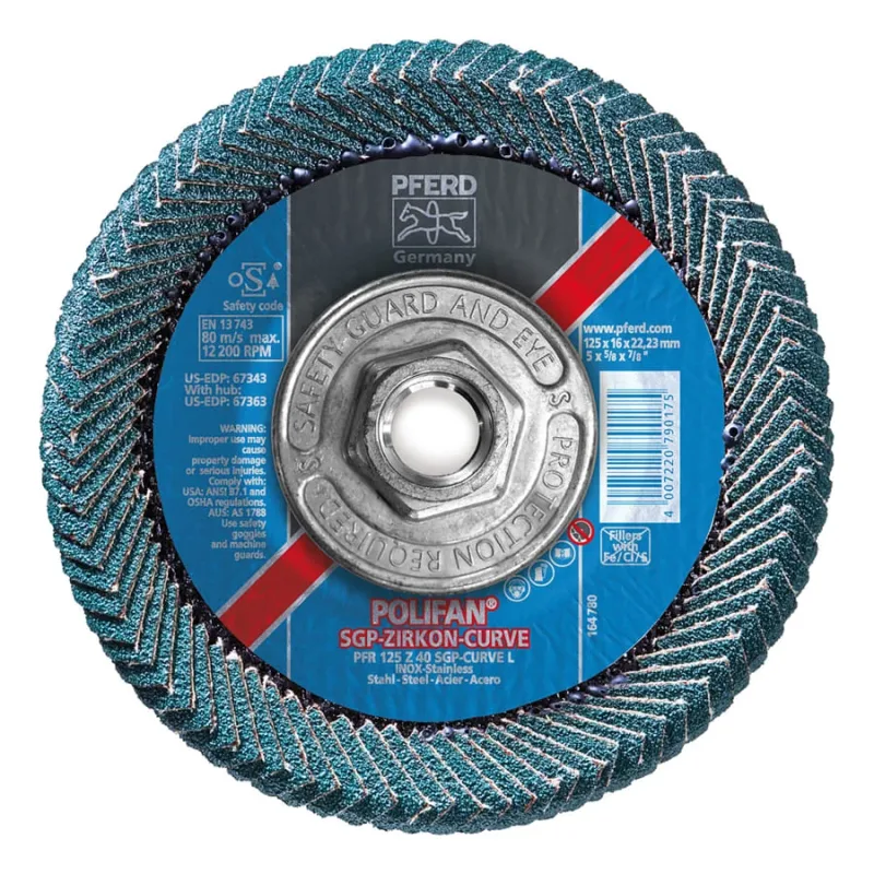 POLIFAN® Flap Disc, 5 in, 40 Grit, 5/8 Arbor, 12,200 RPM, Z-Curve, T29