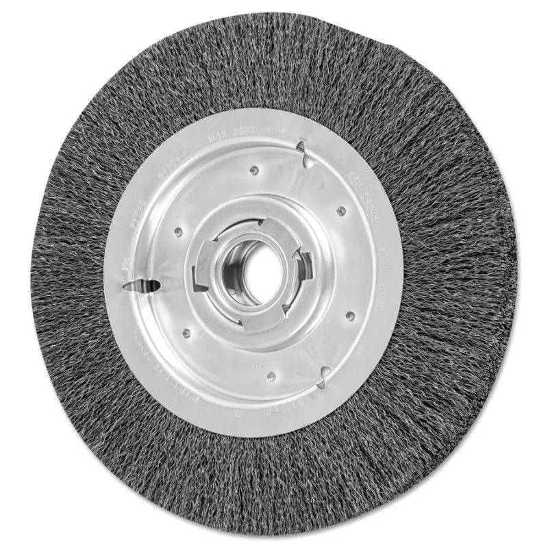 Wide Face Crimped Wire Wheel Brush, 10 D x 2 1/8 W, .014 Carbon Steel, 3,600 rpm