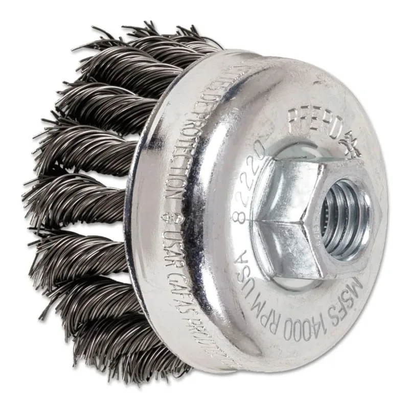 Mini Knot Cup Brush, 2-3/4 in dia, 5/8 in to 11 Arbor, 0.020 in Carbon Steel Wire
