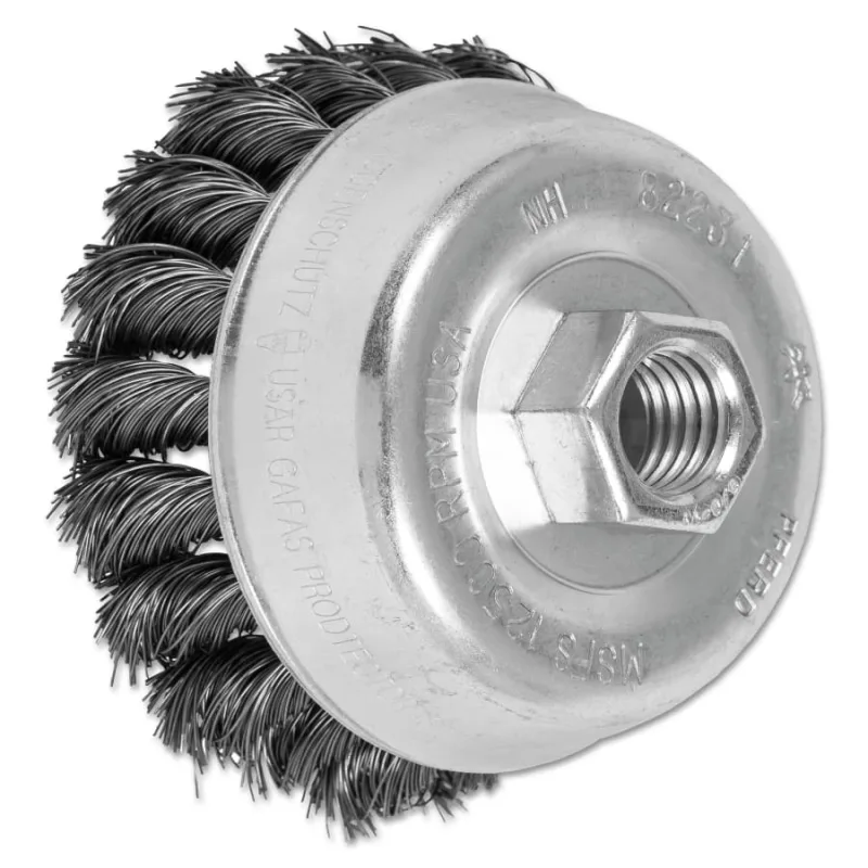 Mini Knot Cup Brush, 3 1/2 in Dia., 5/8-11 Arbor, .014 in Carbon Steel Wire