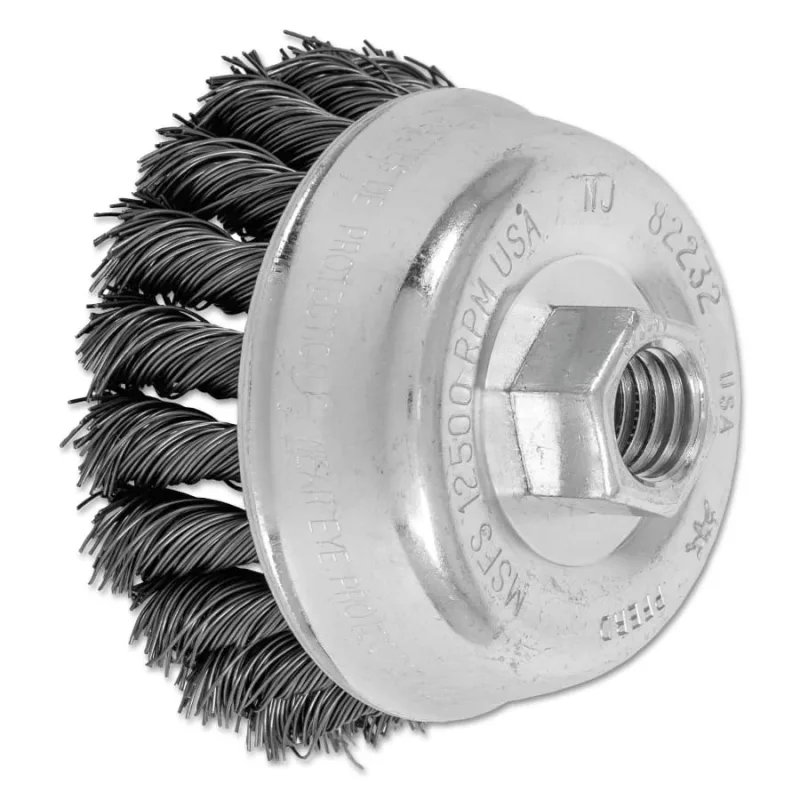Mini Knot Cup Brush, 3 1/2 in Dia., 5/8-11 Arbor, 7/8 x .02 in Carbon Steel Wire