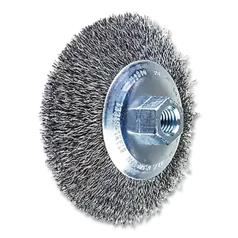 Threaded Bevel Brush, Crimped, 4-1/2 in dia, 5/8 in-11 Arbor, 1/2 in W Face, 0.014 in dia Wire, Carbon Steel, 12500 RPM