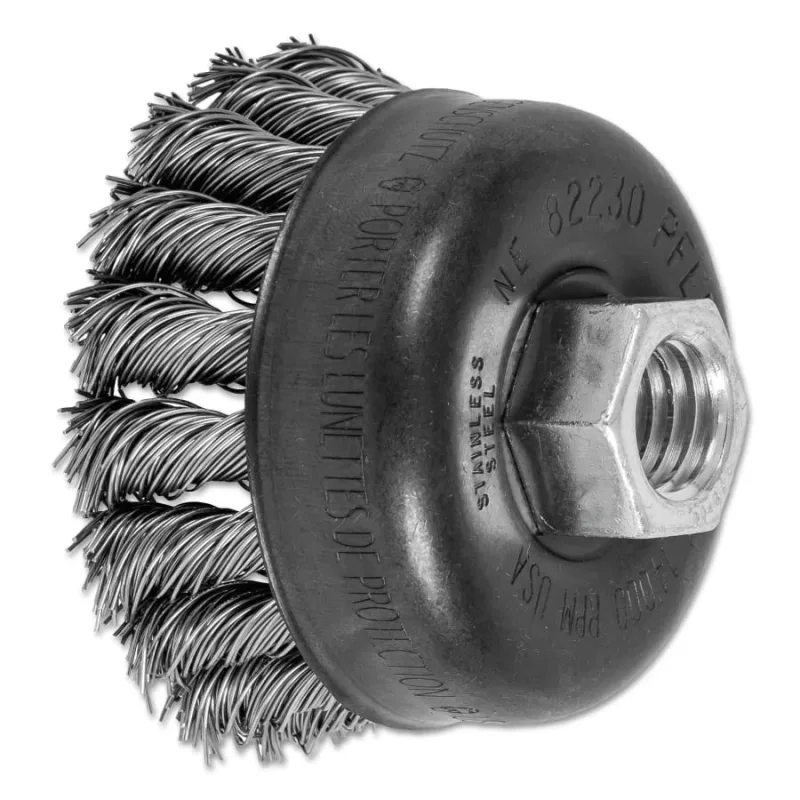 Mini Knot Cup Brush, 2-3/4 in dia, 5/8 in to 11 Arbor, 0.020 in Stainless Steel Wire
