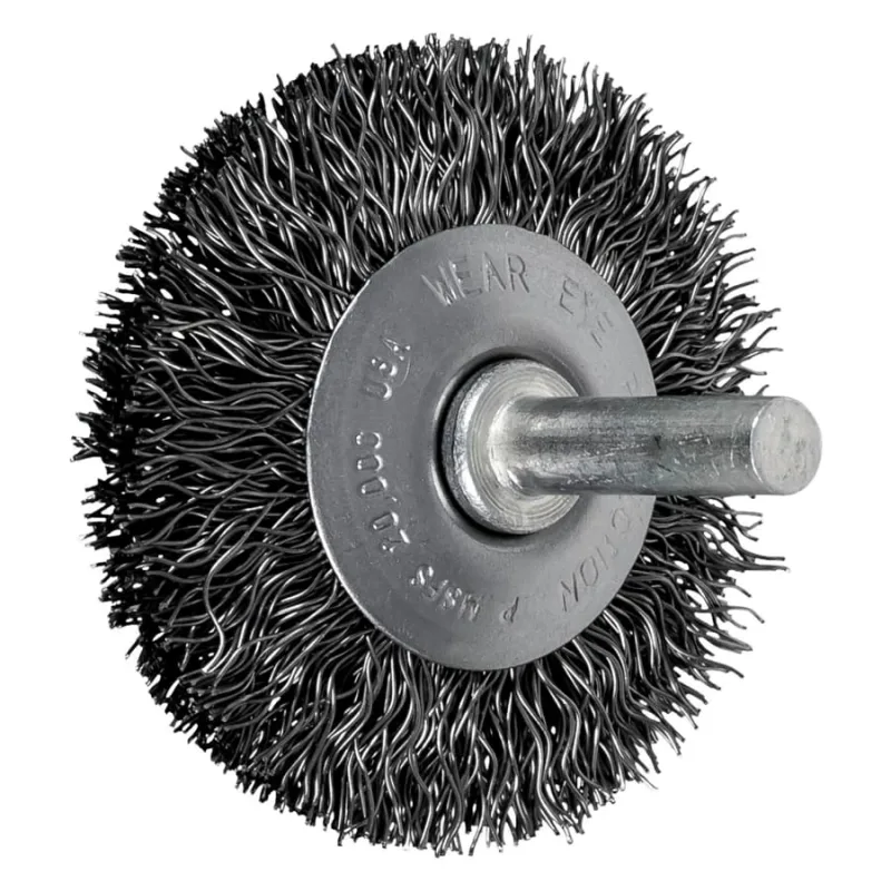 Stem Mounted Bevel Brushes, 2 in Dia., 0.014 in, Carbon Steel Wire