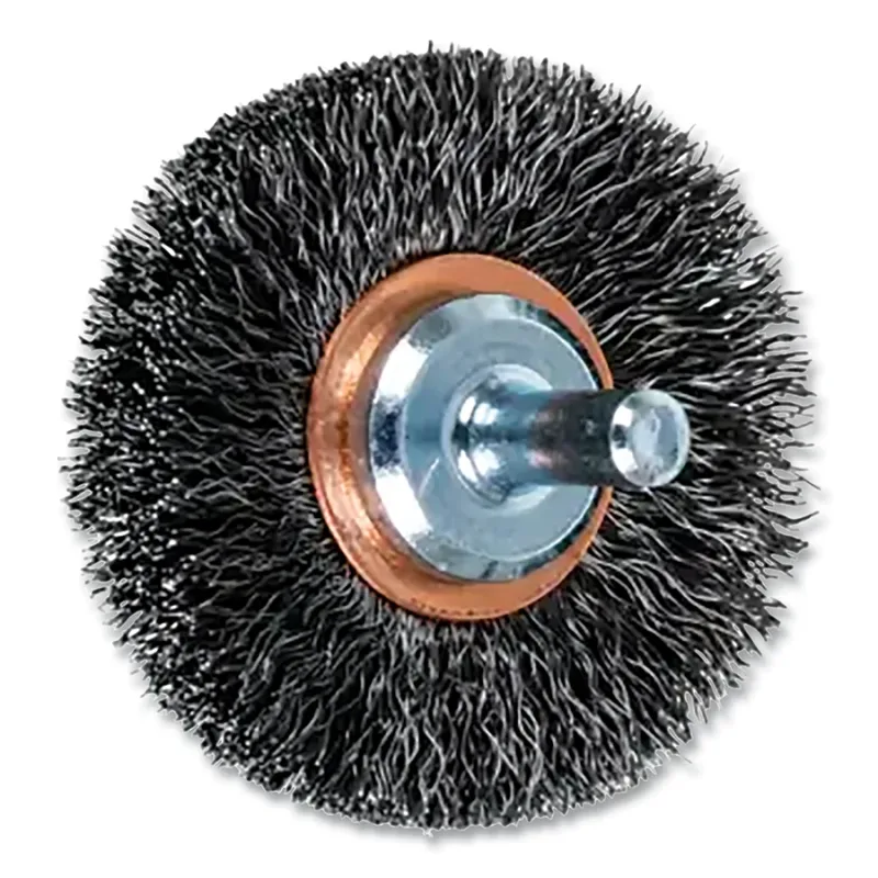 Shank Mounted Wheel Brush, Crimped, 3 in dia, 1/4 in Shank, 0.008 in dia Wire, Carbon Steel