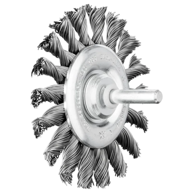 Shank Mounted Wheel Brush, Knotted, 3 in dia, 1/4 in Shank, 0.020 in dia Wire, Carbon Steel