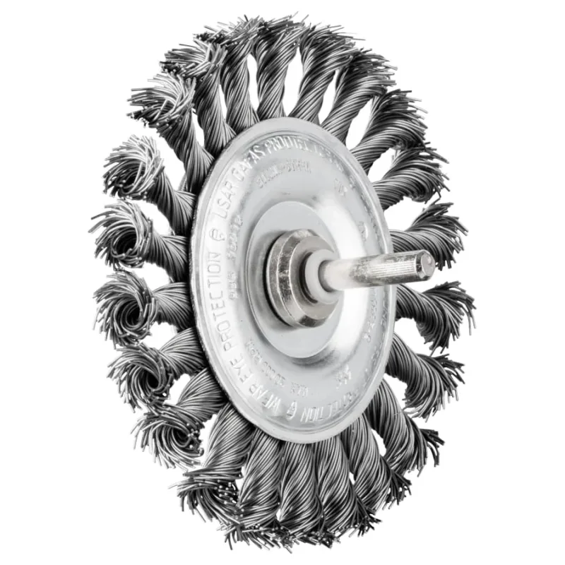 Shank Mounted Wheel Brush, Knotted, 4 in dia, 1/4 in Shank, 0.020 in dia Wire, Carbon Steel