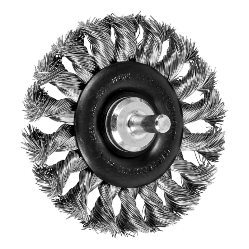 Shank Mounted Wheel Brush, Knotted, 3 in dia, 1/4 in Shank, 0.014 in dia Wire, Stainless Steel