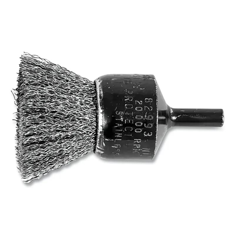 Shank Mounted End Brush, Crimped, Stainless Steel, 1 in dia Brush, 0.010 in dia Wire, 20000 RPM