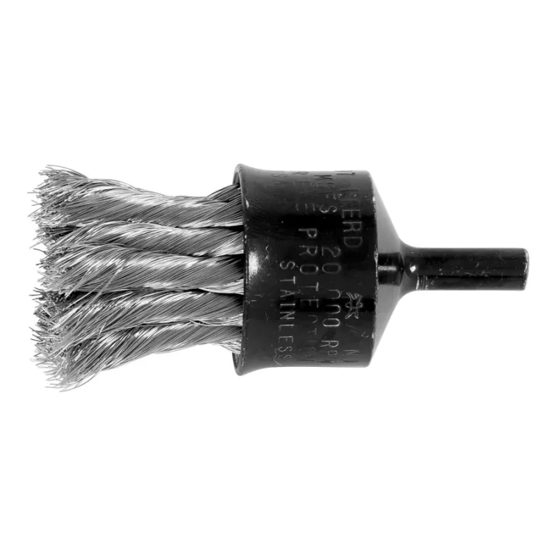 Shank Mounted End Brush, Knotted, Stainless Steel, 1 in dia Brush, 0.010 in dia Wire, 20000 RPM