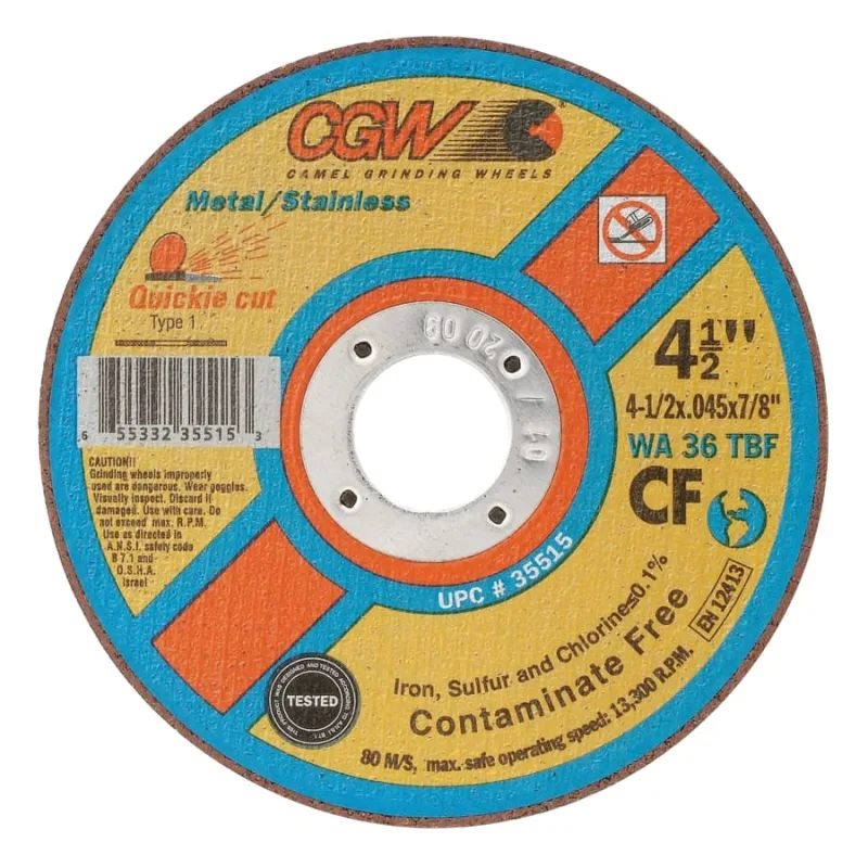 Quickie Cut™ Contaminate Free Cut-Off Wheel, 4-1/2 in Dia, 0.045 in Thick, 7/8 in Arbor, 36 Grit Alum. Oxide